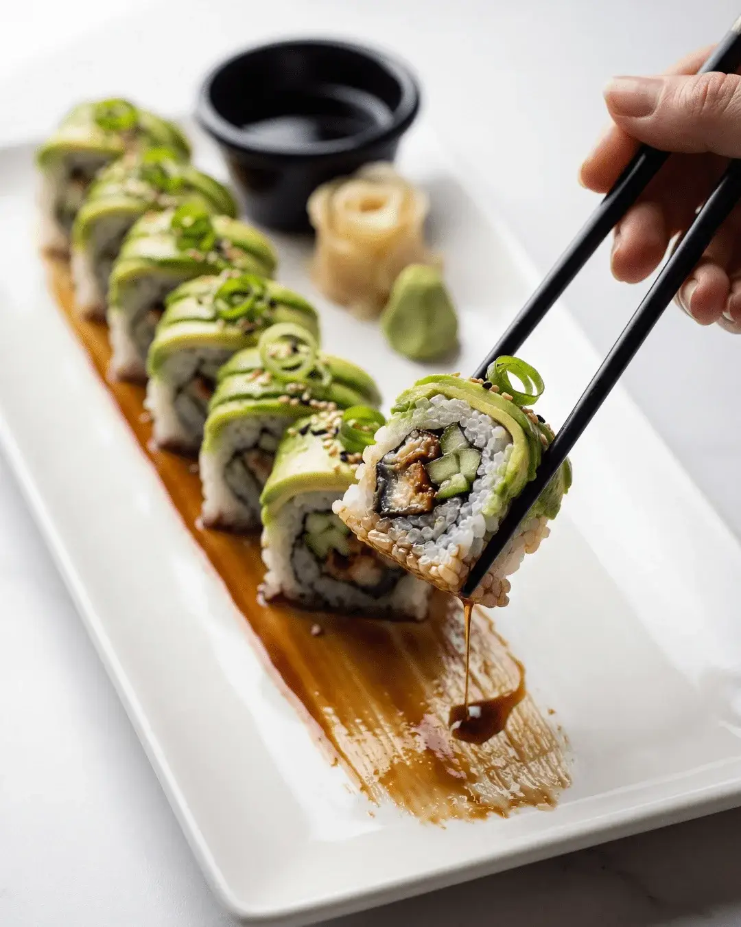 Signature sushi rolls lifted with chopsticks and soy sauce