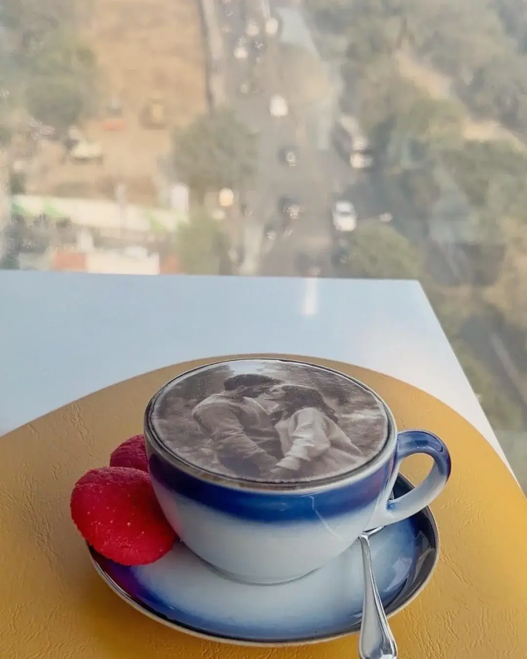 Latte art cafe Dhaka featuring a printed portrait on foam