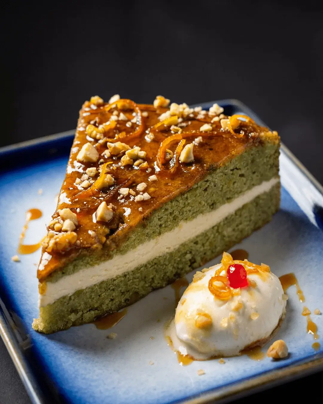 Best desserts in Gulshan featuring pistachio cake slice