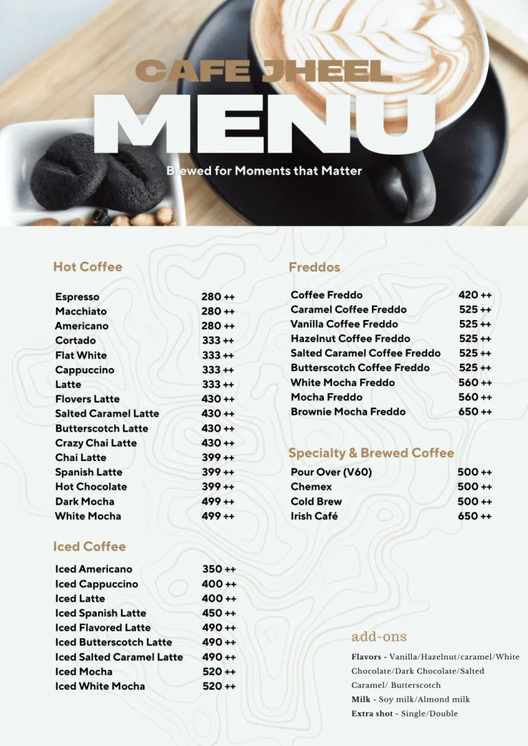 Cafe Jheel coffee menu featuring hot, iced, and freddos
