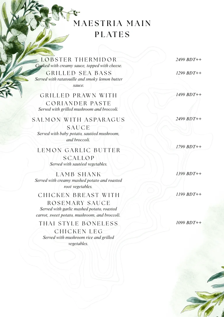 Maestria main plates menu with lobster and grilled seafood