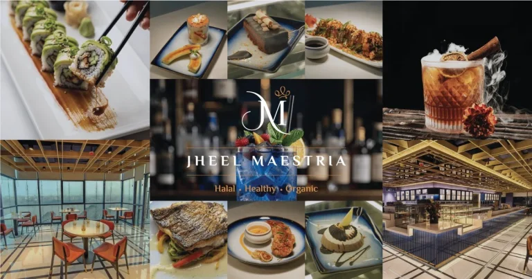 Collage showcasing fine dine lakeside restaurant Jheel Maestria's menu and dining space