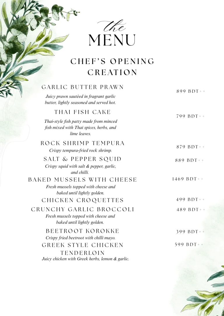 Jheel Maestria starter menu with seafood and chicken dishes
