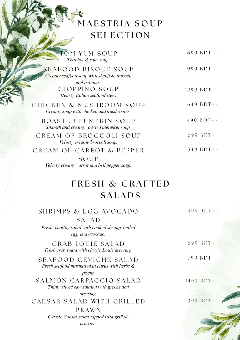 Maestria soup and salad menu listing seafood based dishes