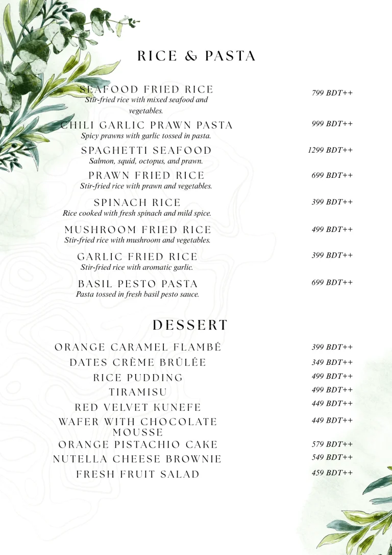 Rice, pasta, and dessert menu page for restaurant guests