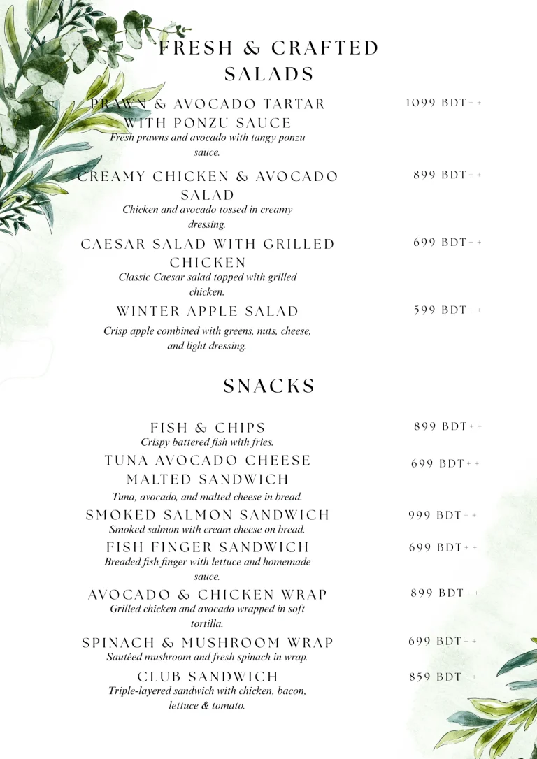 Salad and snack menu page with sandwiches and wraps listed