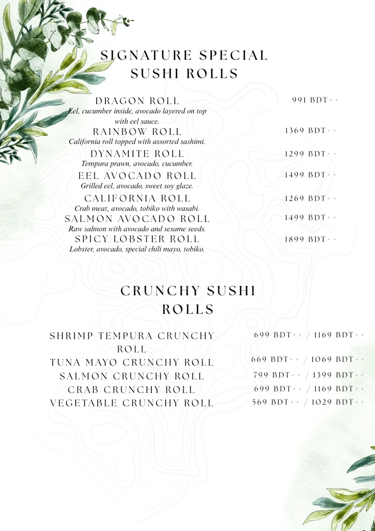 Signature special and crunchy sushi rolls menu page listed